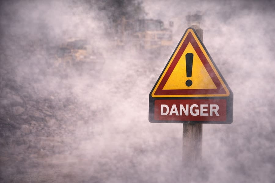 A "Danger" sign partially obscured by fog, representing the unmentioned risks in an operation