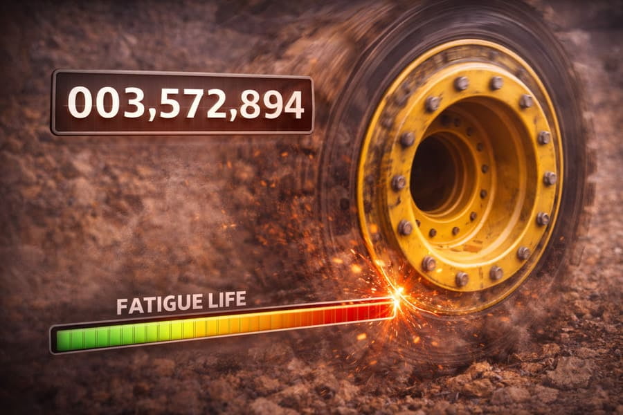 An animation showing a counter ticking up rapidly as a wheel rotates, with a "fatigue life" bar slowly depleting