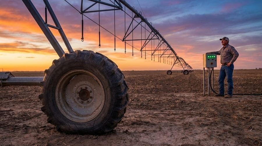 A pivot control panel with all green lights, while an image of a tire under stress is superimposed in the background.