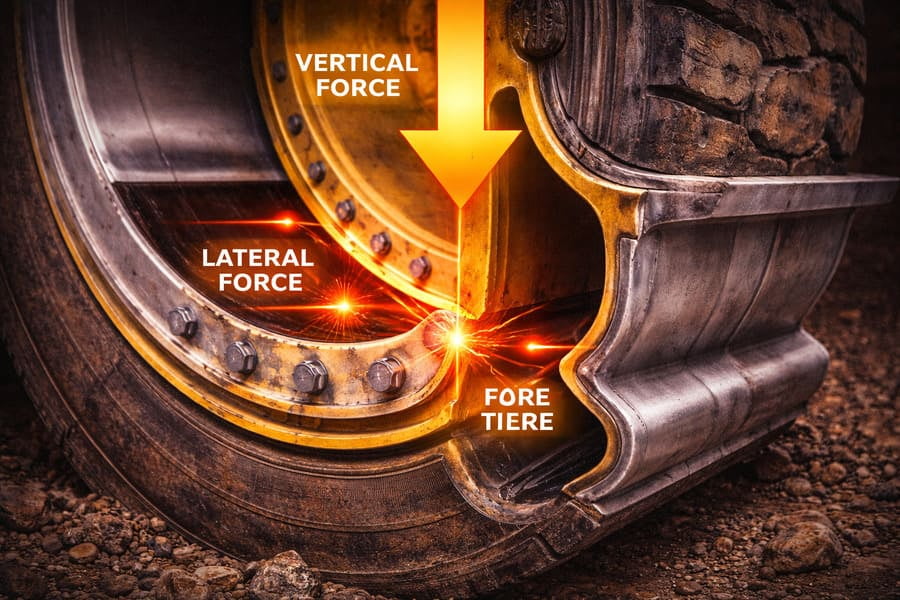 A close-up of a rim's cross-section, with arrows showing how vertical and lateral forces are channeled through the disc weld into the rim base.