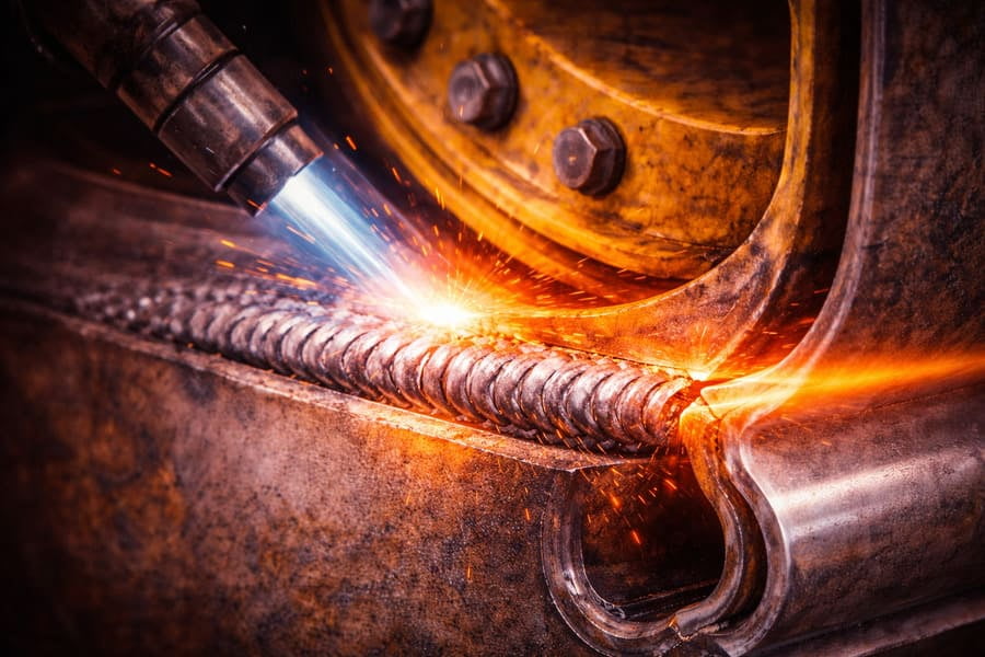 An animated diagram showing heat radiating from a welding torch, creating a melted weld pool and a distinct glowing HAZ next to it.