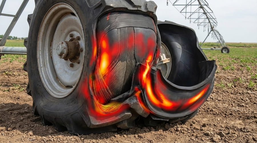 A cross-section of a tire showing stress points on the sidewall.