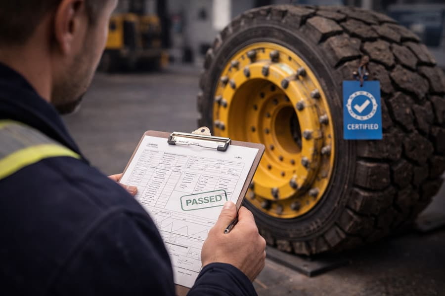 A quality control inspector reviewing a test report with a certified wheel in the background