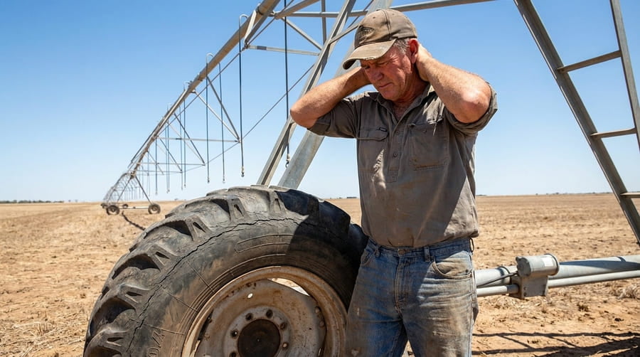 A farmer looking at a problematic tire and shrugging, representing indecision.