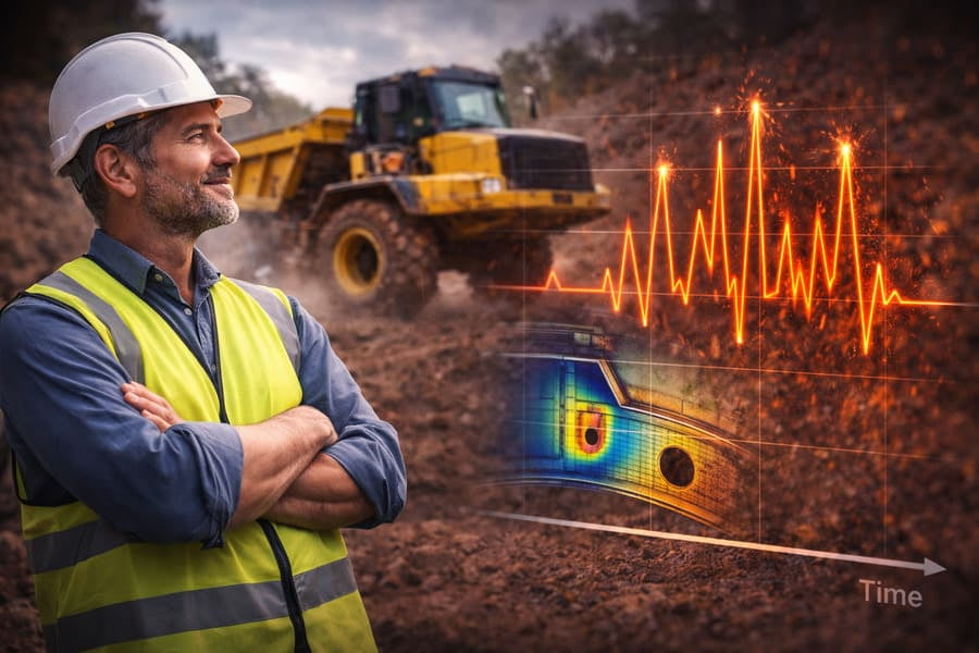 A worksite manager looking confidently at a machine, with a ghosted image of a stress analysis graph overlaid