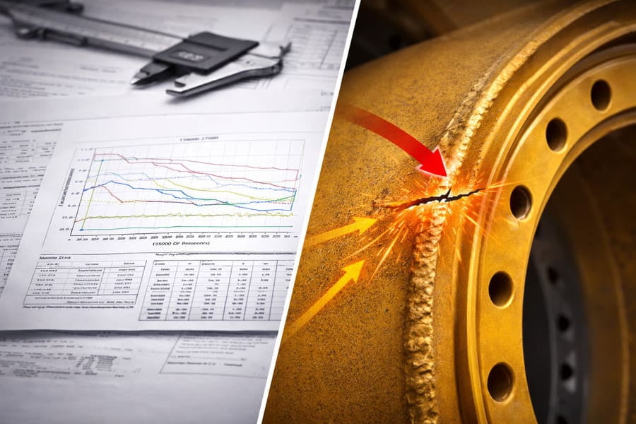 A split image: one side shows a complex engineering report with graphs. The other side shows a clear photo of a crack with an arrow pointing to the origin.