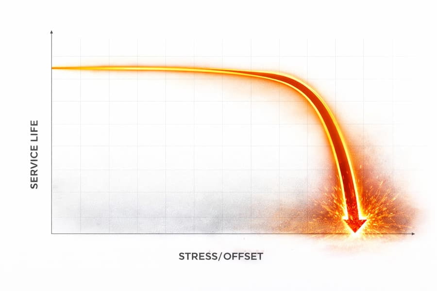 A graph showing a steep, exponential curve, where the Y-axis is 'Service Life' and the X-axis is 'Stress/Offset'. The curve is flat and then suddenly drops sharply.