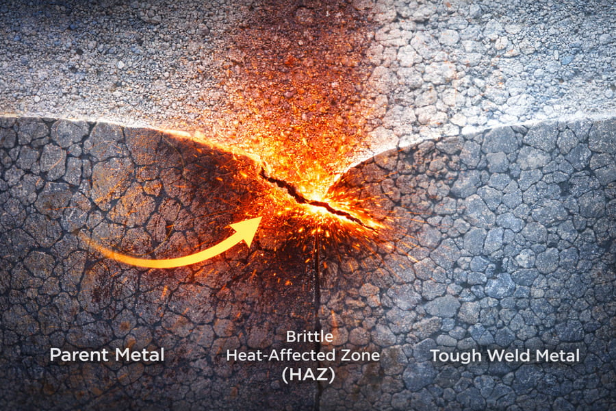 A microscopic view diagram showing the three zones: parent metal, the brittle Heat-Affected Zone (HAZ), and the tough weld metal, with an arrow indicating crack initiation in the HAZ.