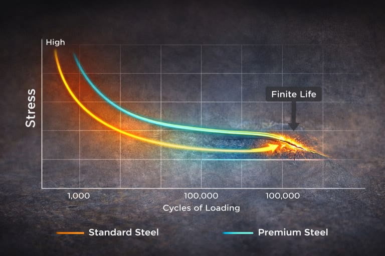 A graph showing fatigue curves for both standard steel and premium steel. Both curves drop sharply as stress increases, showing that even the premium steel has a finite life.