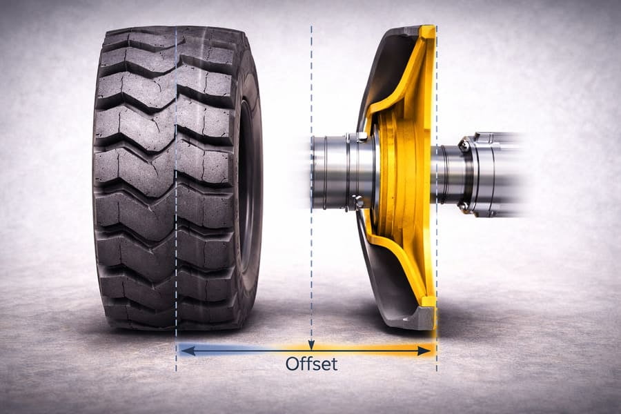 An engineering diagram showing the centerline of a tire and the centerline of the wheel's mounting plate, with the distance between them clearly labeled as 'Offset'.