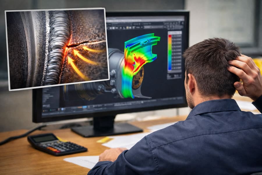 An engineer looking at a computer simulation of wheel stress, ignoring a close-up photo of the crack.