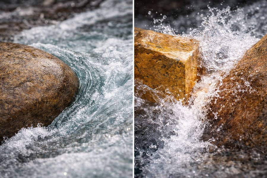 A stream of water (representing stress) flowing smoothly around a curved rock, but splashing violently against a sharp-cornered rock.