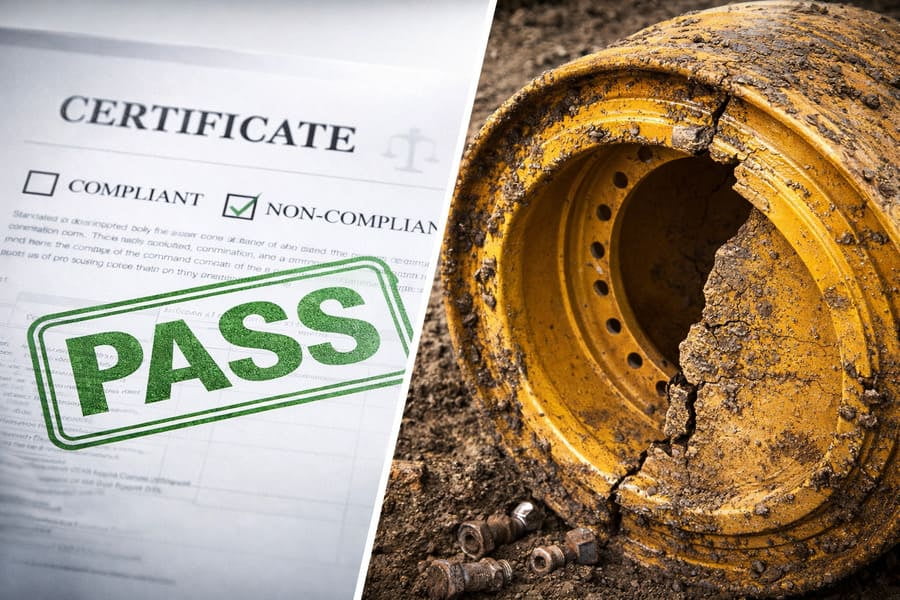A stamped "PASS" certificate on one side and a cracked, muddy wheel on the other, showing a clear disconnect.