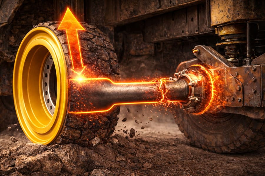 A diagram showing a force vector hitting a strong wheel, bypassing it, and causing a fracture on the axle.