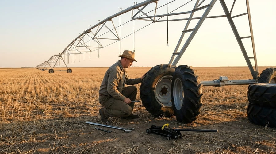 A farmer confidently replacing a irrigation tire in the off-season, with the field empty in the background.