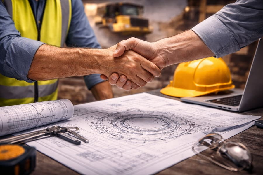 A handshake between a customer and an engineer over a blueprint, symbolizing shared responsibility and expert collaboration
