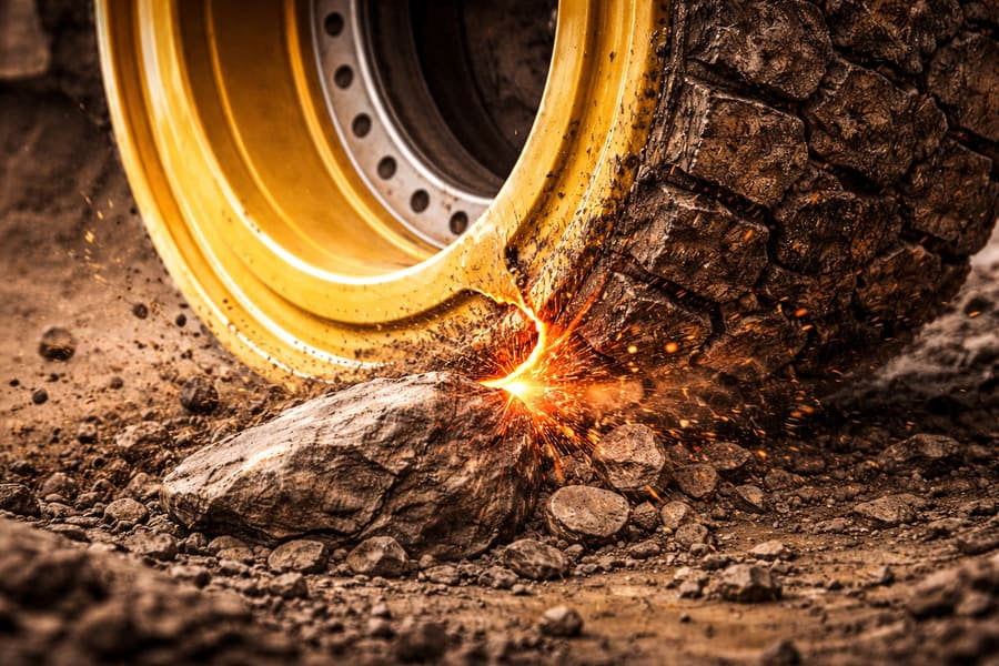 A slow-motion diagram showing a wheel hitting a rock, with a crack starting at the point of impact.