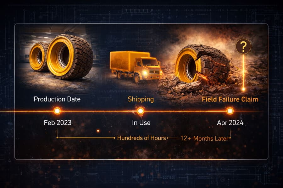 A timeline graphic showing the long delay from production date to the date of a field failure claim.