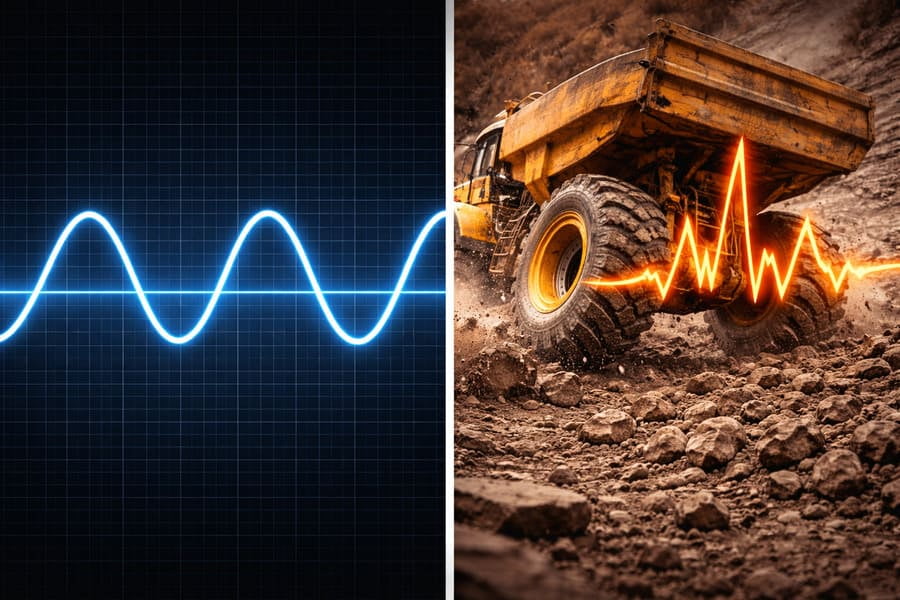 A smooth, regular sine wave contrasted with a chaotic, spiky line representing real-world vibration data.