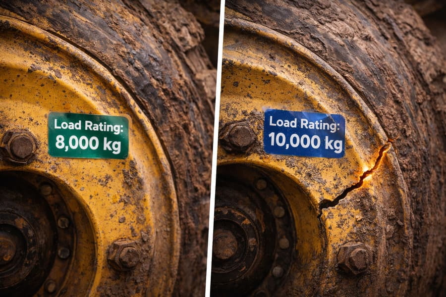 Two wheels with different load rating stickers, but the one with the higher rating has a fatigue crack.