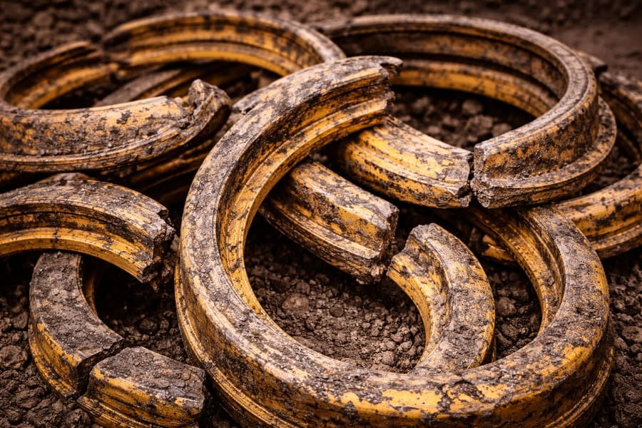 An image showing a collection of worn, rusted, and bent lock rings that have been taken out of service.