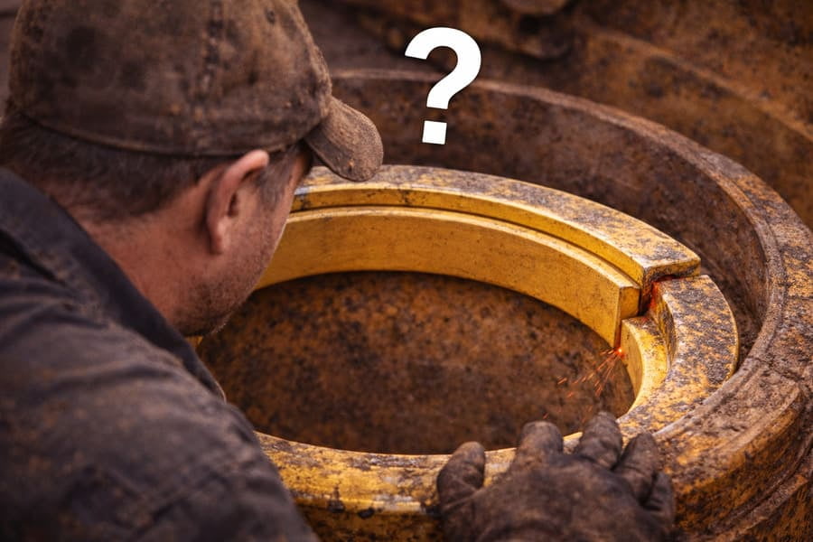 A technician looking at a lock ring seated in a wheel, with a question mark over his head.