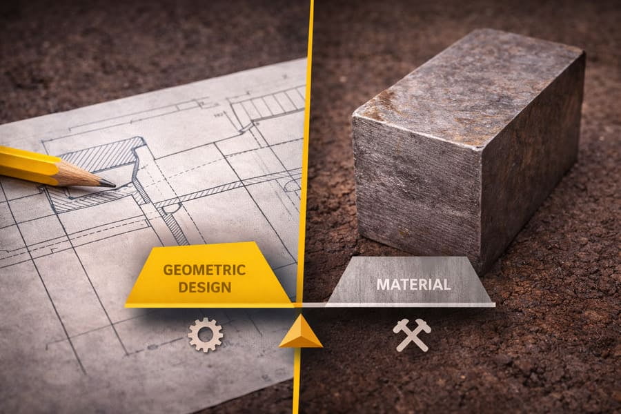 An image showing a design engineer's schematic next to a sample of raw steel.