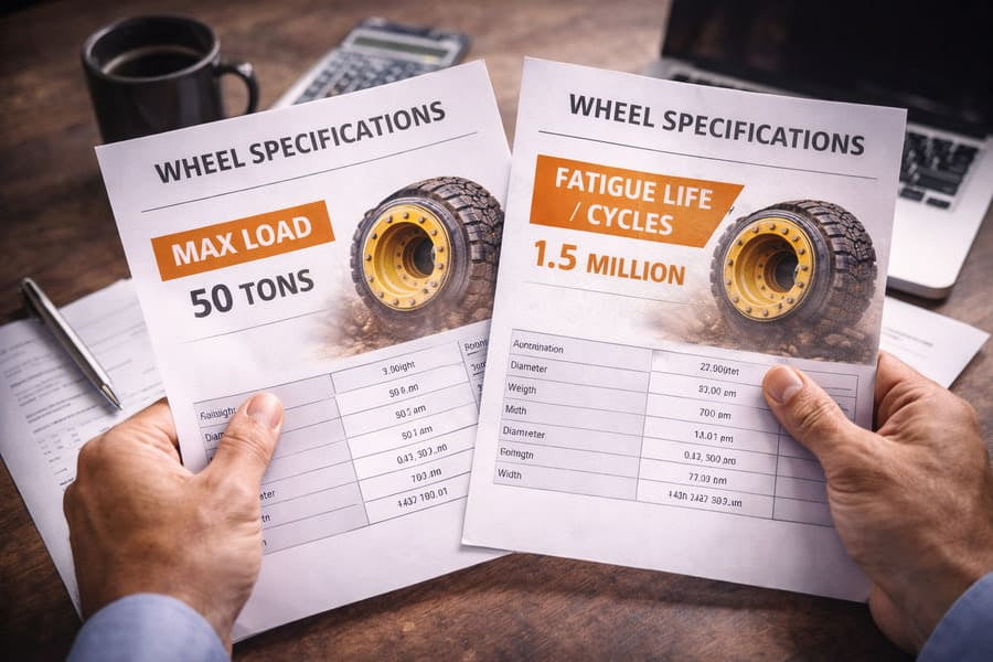 A purchasing manager comparing two wheel spec sheets, one highlighting "Max Load" and the other highlighting "Fatigue Life / Cycles"