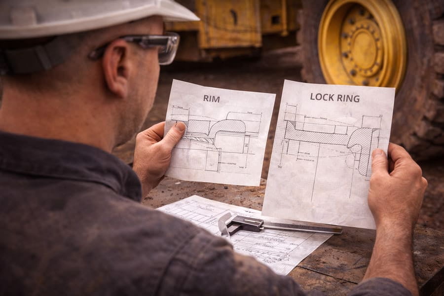 An engineer comparing technical drawings of a rim and a lock ring.