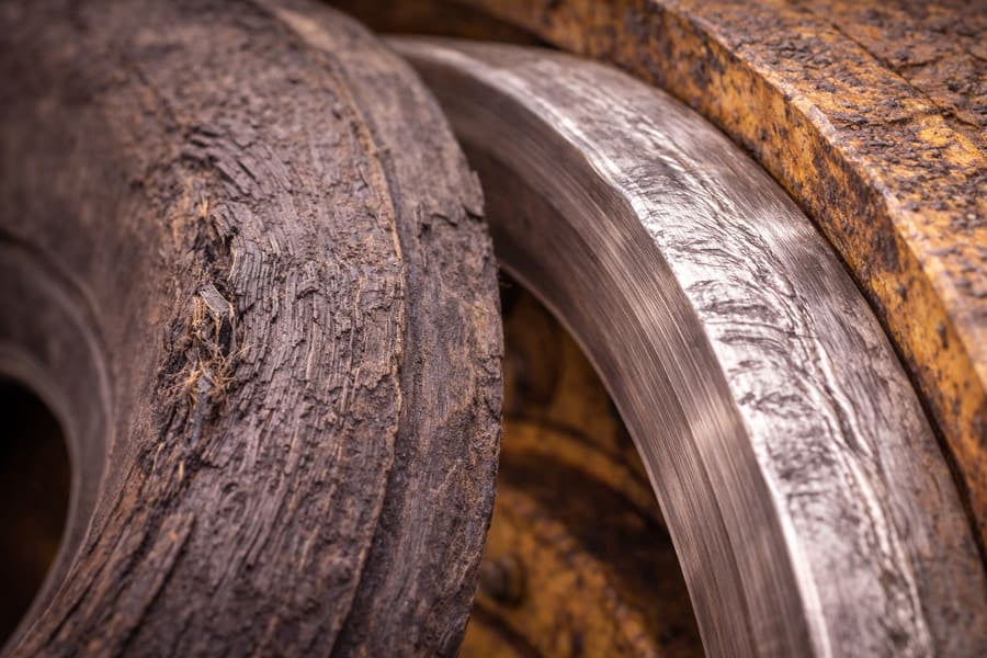 A photo showing abrasion damage on a tire bead and a worn bead seat band.