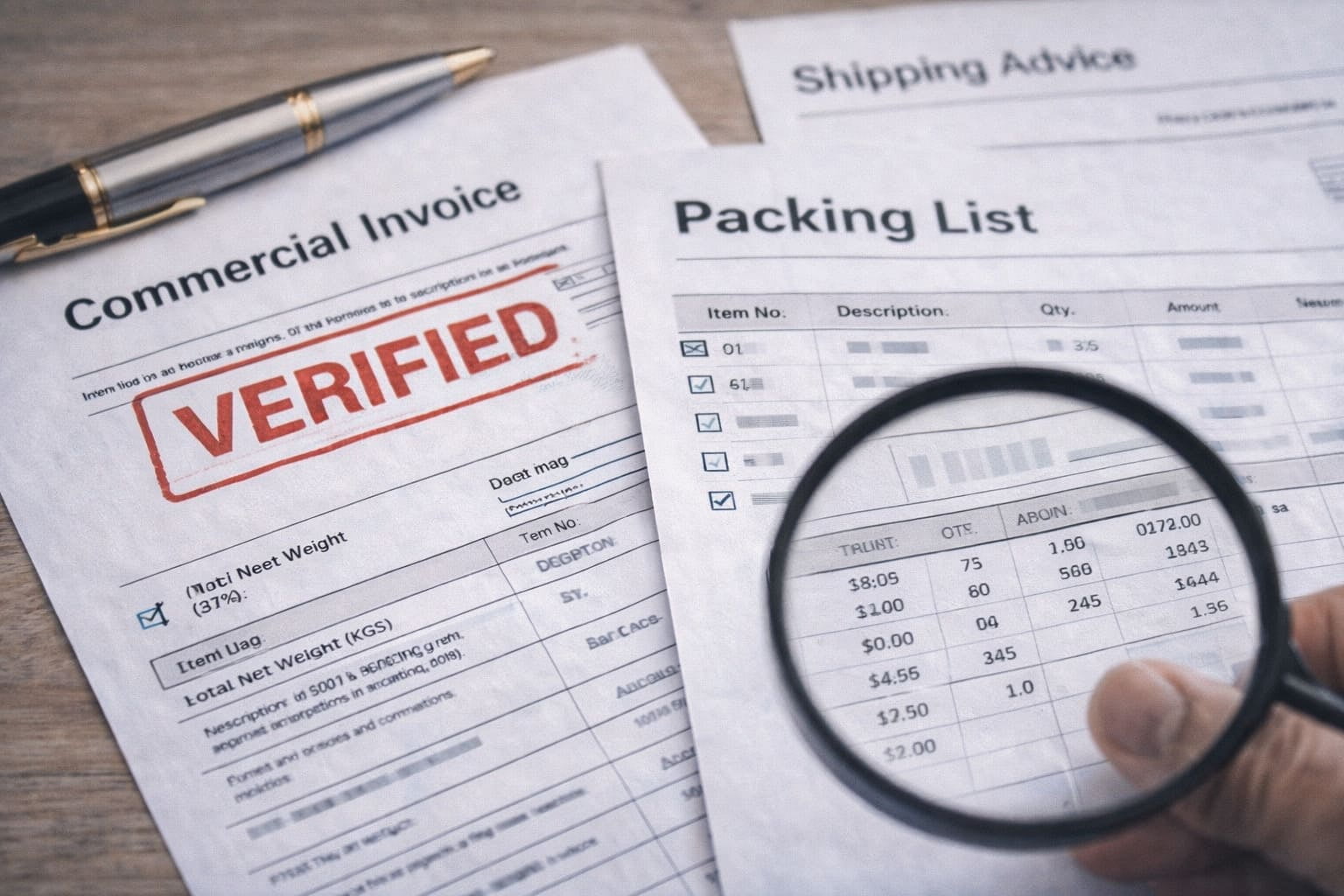 Commercial invoice packing list and bill of lading