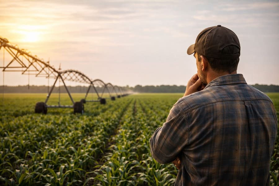 A farmer looking at a field of irrigation pivots, contemplating their reliability.