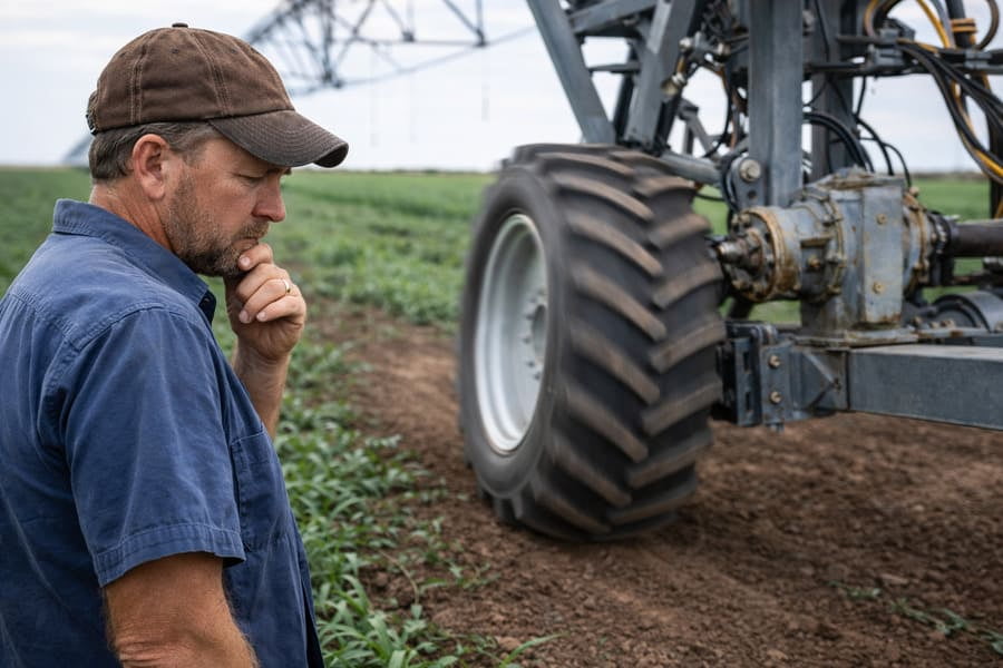 A farmer looking at a wobbly pivot irrigation tire with a concerned expression.