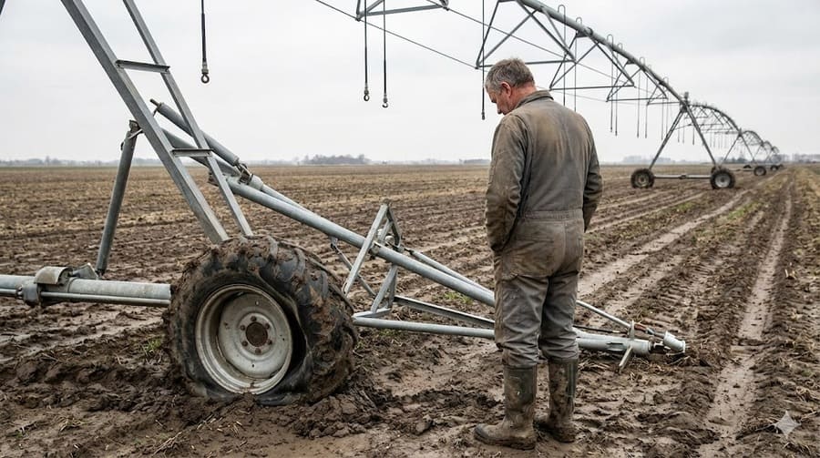 A farmer looking at a collapsed pivot in a field, symbolizing the cost of a failed gamble.