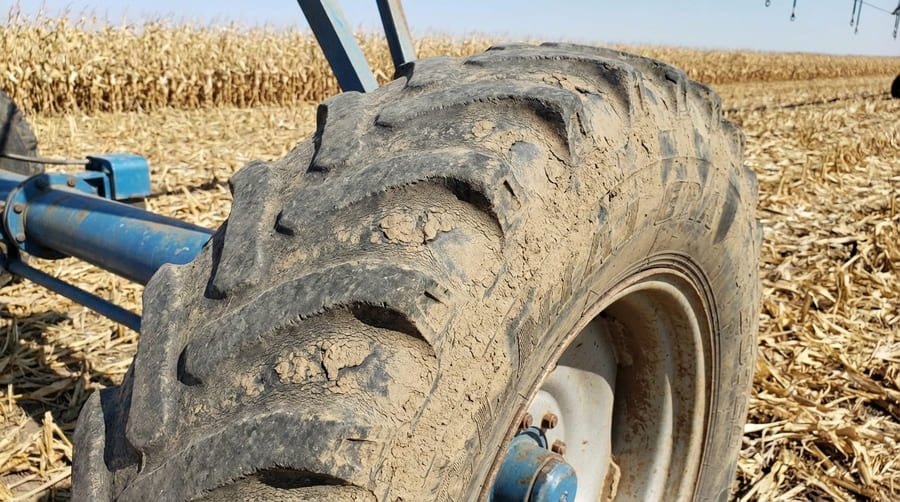 A chart showing different irrigation tire wear patterns (e.g., center wear, shoulder wear) and their likely mechanical causes.