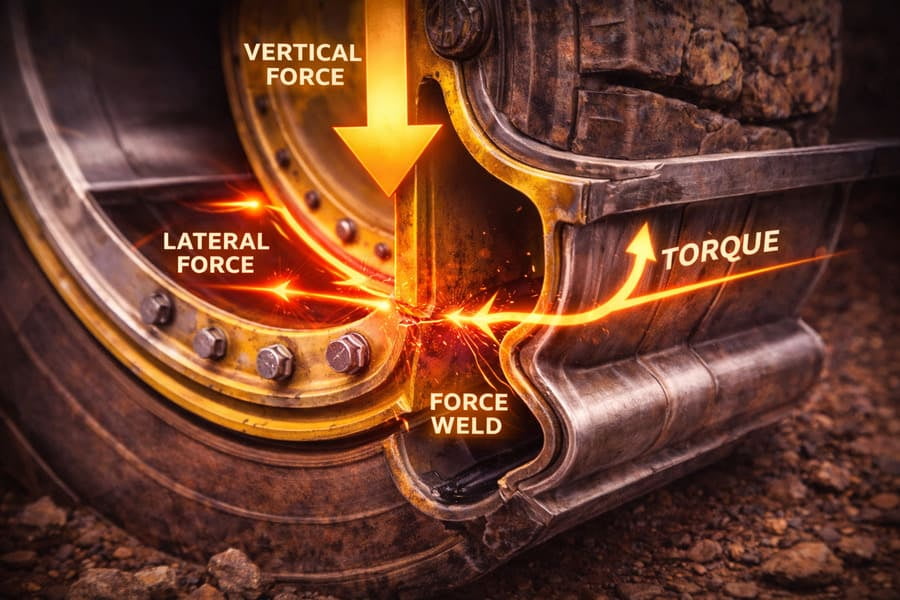 A photo of a rim with a fatigue crack, with an overlay showing the force vectors that caused it, like a crime scene investigation.