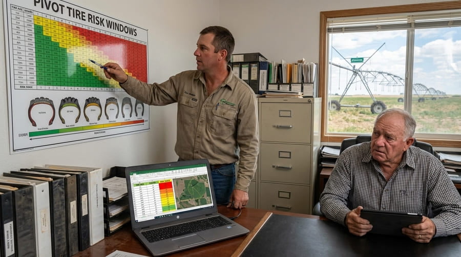 A manager pointing at a chart with tire data, planning replacements for a pivot system.