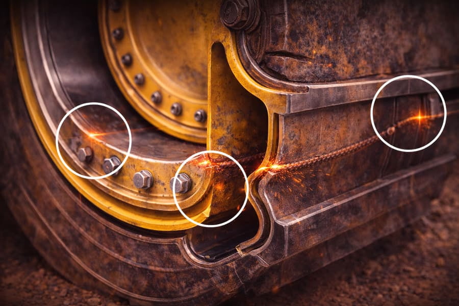 A close-up of an OTR rim with circles highlighting the highest-risk transition zones, like the disc-to-base weld and flange corners.