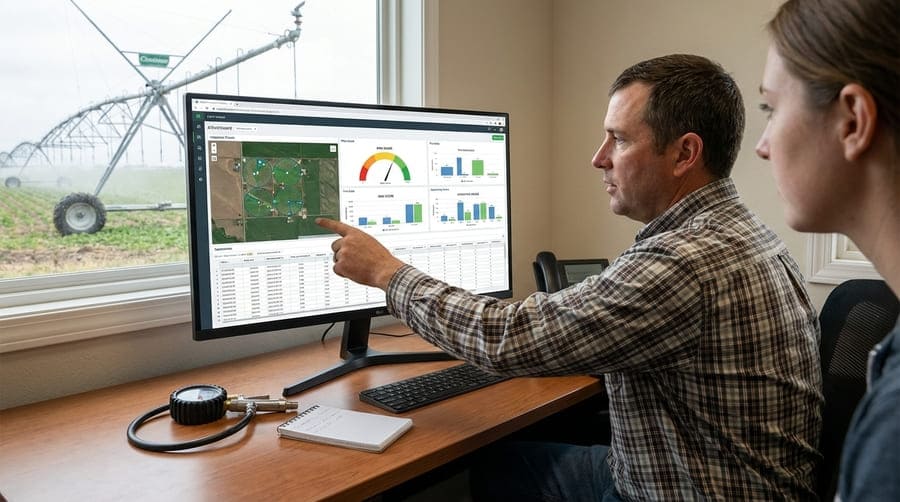 A manager looking at a spreadsheet or software dashboard with tire data, not just at the tire itself.