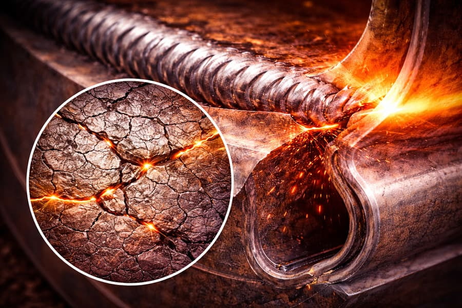 A magnified view of micro-cracks forming and connecting within the grainy structure of the HAZ under cyclic load.