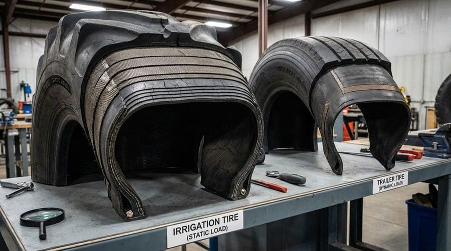 A cutaway view comparing the internal structure of a robust irrigation tire to a standard trailer tire.
