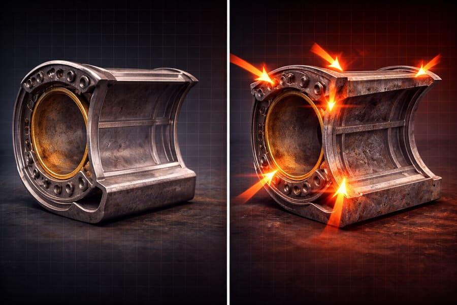 A side-by-side comparison: a clean, simple rim design next to an over-reinforced rim that looks clunky and has arrows pointing to hidden stress points.