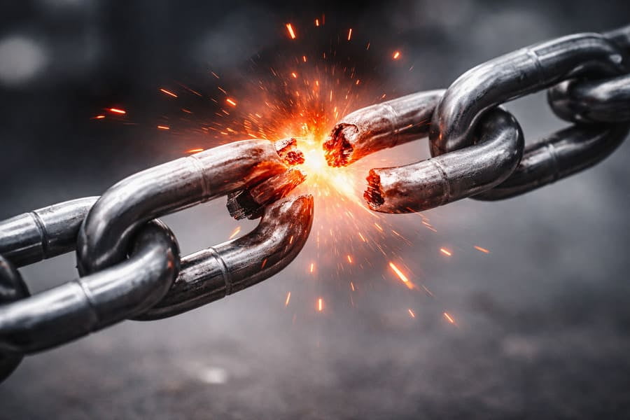 A diagram showing a chain with one broken link, causing the entire chain to fail, illustrating the concept of a single-point-of-failure.