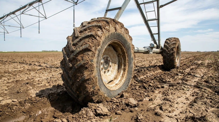 A pivot tire operating in muddy conditions, which changes the load dynamics.