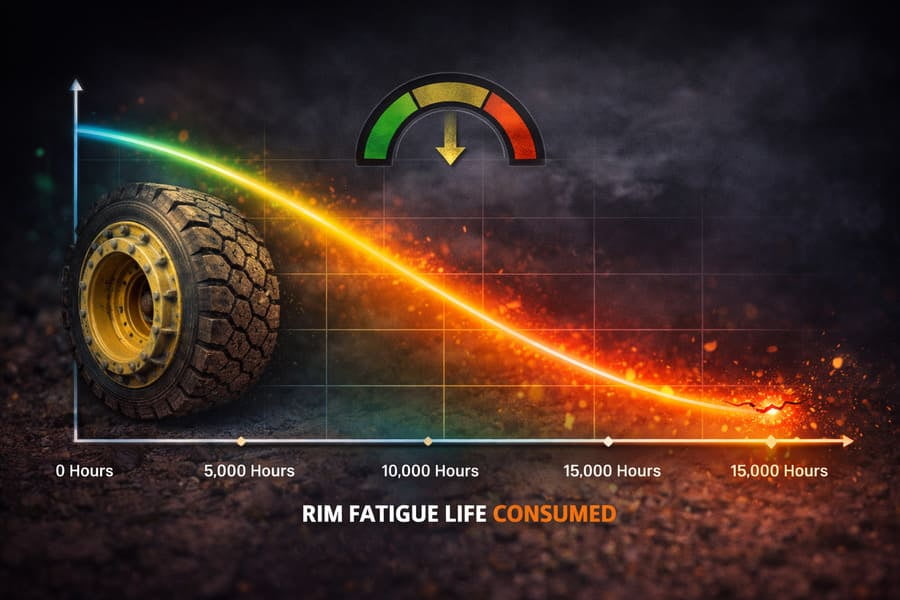A timeline graph showing a rim's fatigue life slowly being consumed over thousands of hours