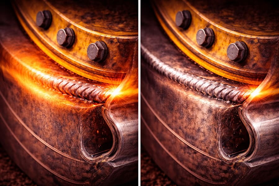 A split-screen image showing a rim with a large, uncontrolled HAZ versus a rim with a small, refined HAZ due to better process control.