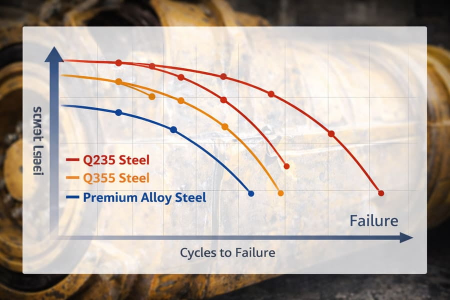A graph showing fatigue life curves for different steel grades, all eventually trending towards failure.