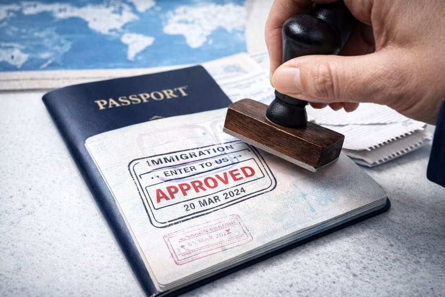 A passport being stamped for entry into a country, symbolizing permission and legality.