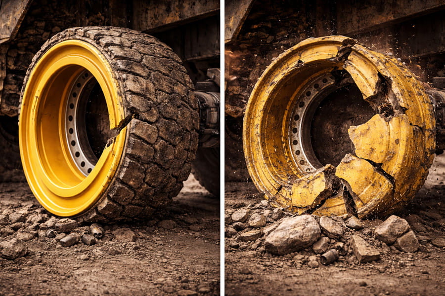 A comparison image: one wheel is bent but intact, while another made of 'stronger' material is shattered into pieces.