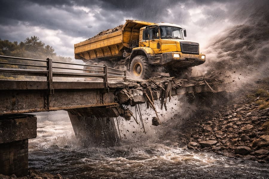 An image of a bridge with a sign that says "Max Load: 10 Tons," with a 5-ton truck on it, but the bridge is collapsing due to high winds (a force not in the load rating).